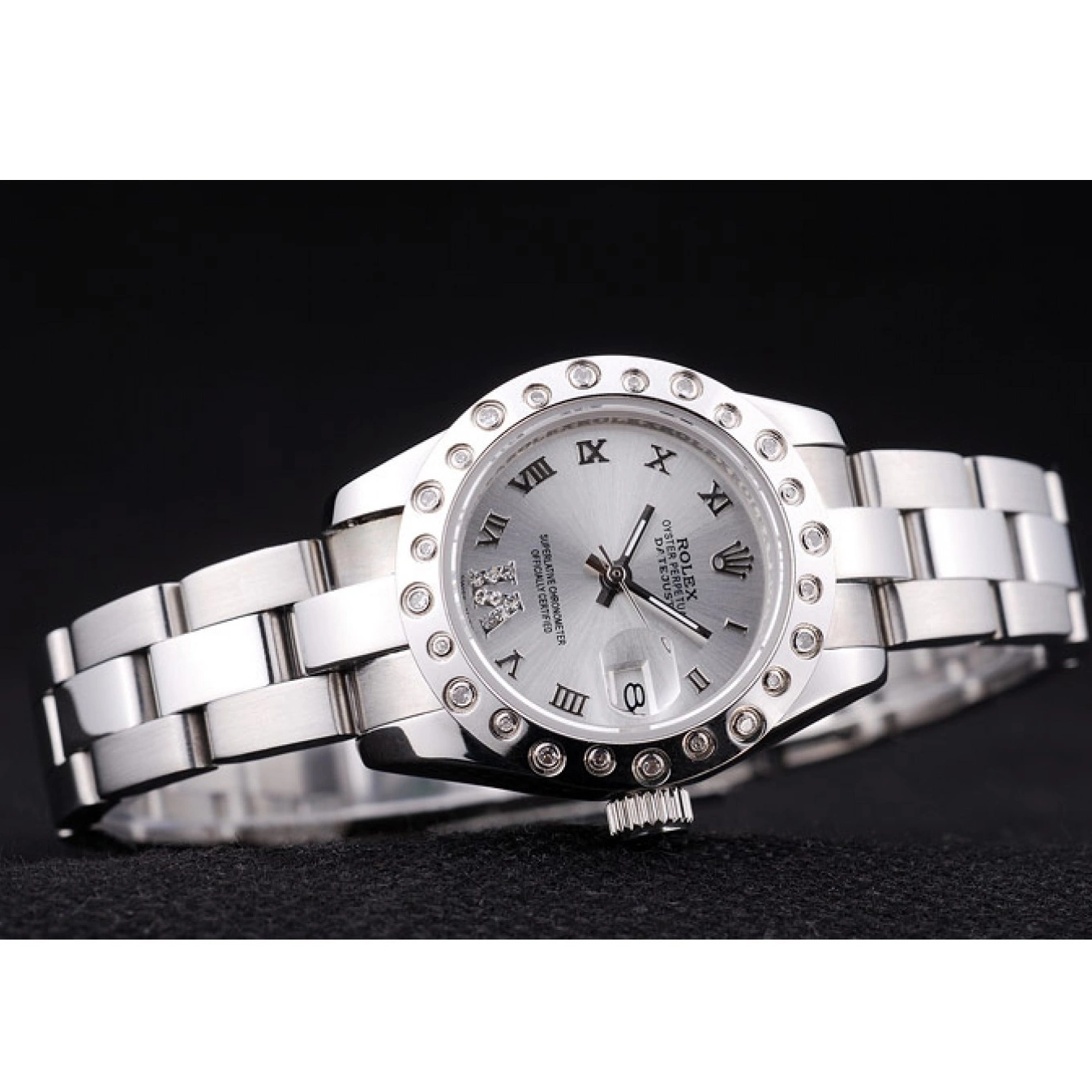 Aaa fake watches Silver Datejust Dial Silver 7474 Rolex Polished Bezel Diamonds 0727